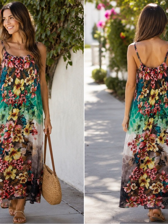Dresses & Skirts - Floral Ombre Maxi Sundress in Green, Yellow & Pink